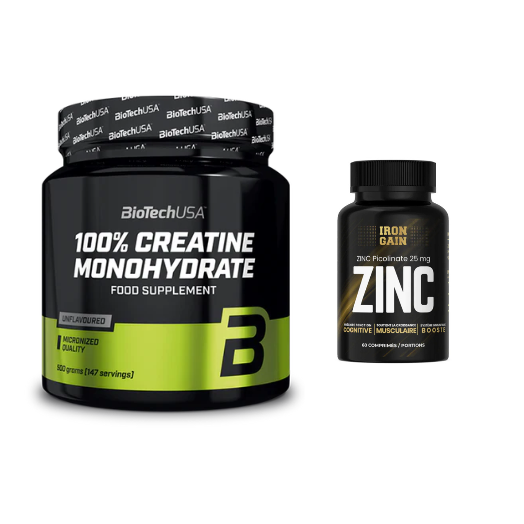 Pack Spécial – Biotech Creatine 500g + Zinc pour Puissance et Immunité + Programme d'Entraînement
