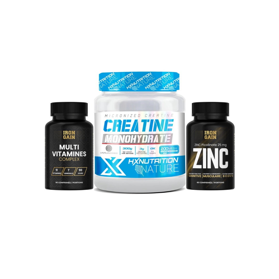 Pack Performance 3-en-1 IronGain + HX Nature (Zinc 25 mg + Multivitamines + Créatine 300 g)