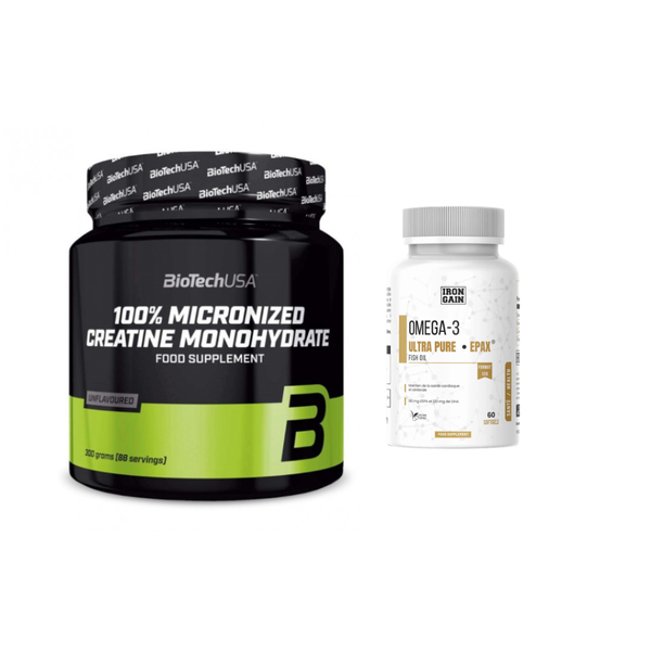 Pack Performance — Créatine BioTechUSA 300g (88 doses) + Oméga-3 Ultra Pure EPAX