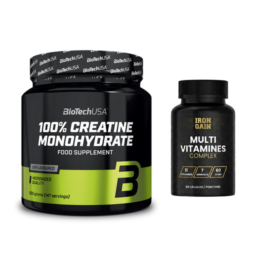 Pack Spécial – Biotech Creatine 500g + Multivitamines (60 capsules) + Programme d’Entraînement
